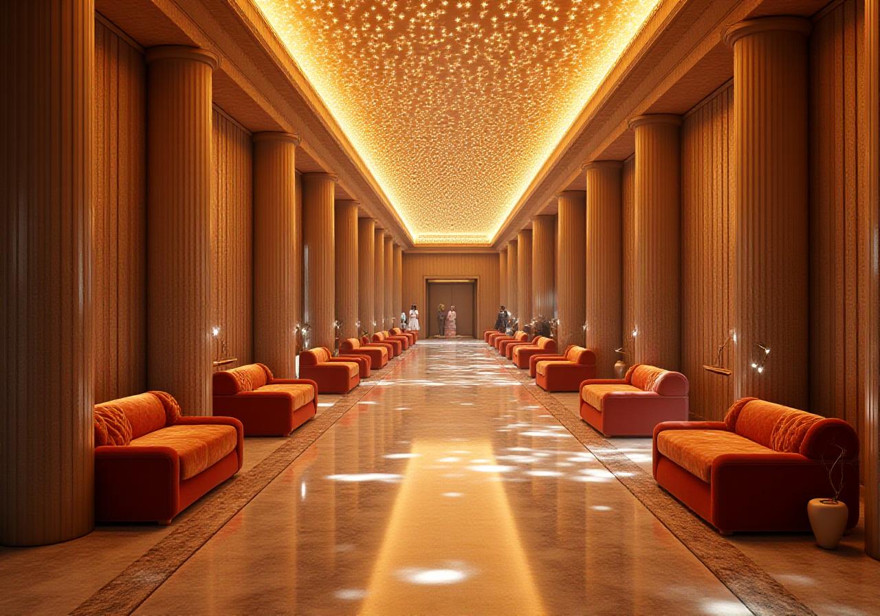 Luxury hotel lobby with cosmic lighting